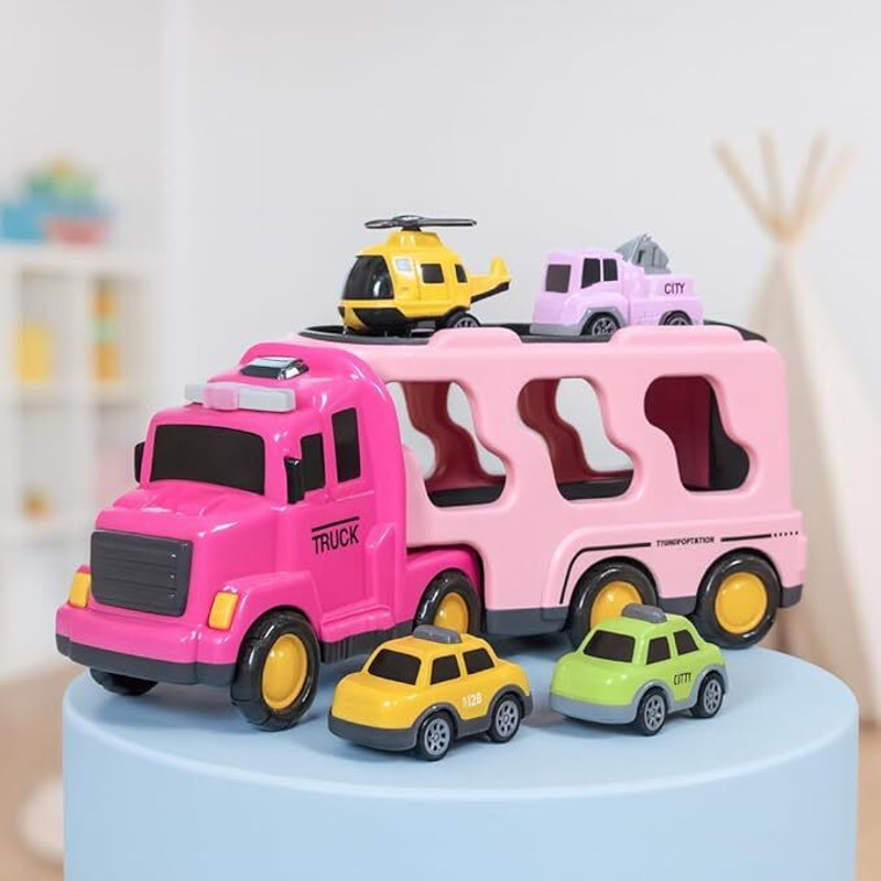 Toyspree Big 5 in 1 Friction & Music powered Transport Truck with cars Toy Playset(Pink, Pack of: 5)
