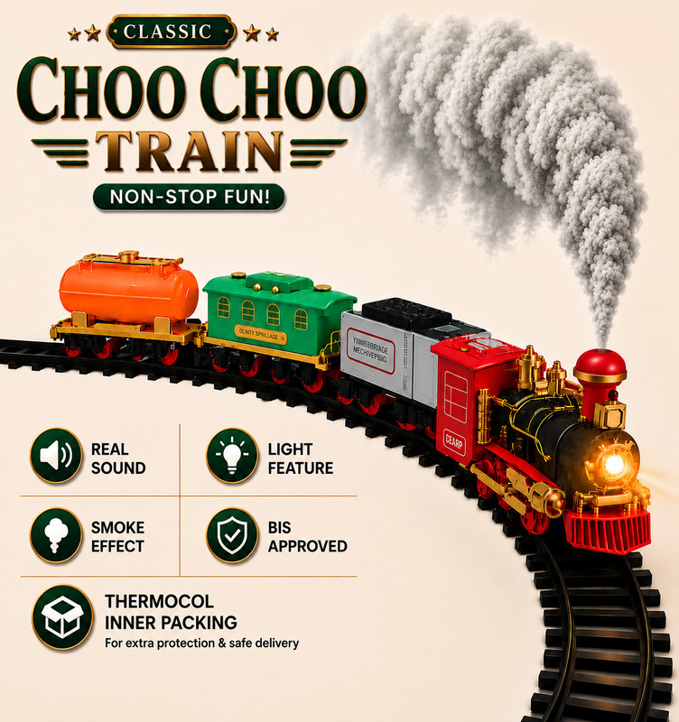 SOFAB CLASSIC CHOO CHOO TRAIN WITH SMOKE LIGHT SOUND BIS APPROVED(GOLDEN, Pack of: 1)