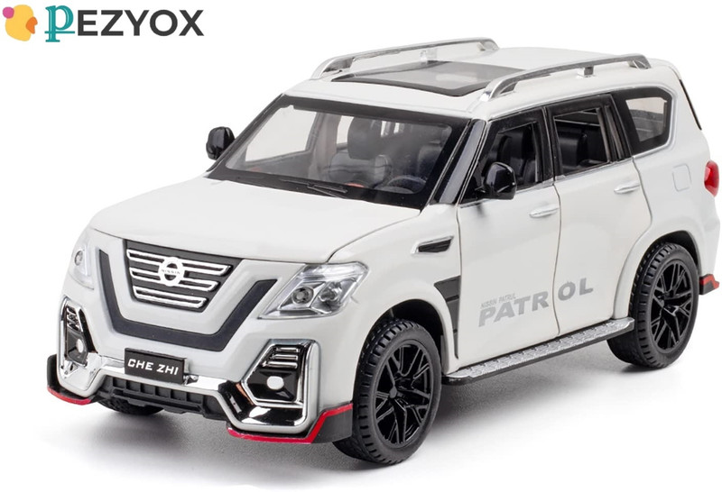 PEZYOX 1:24 scale Nissan PATROL Pullback Toy car with sound & light for kids(White)