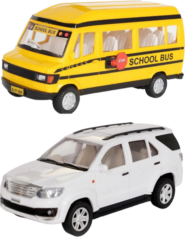 viaan world New Launch Pack of ( School Bus & Fortunne Car ) Toy(White, Yellow, Multicolor, Pack of: 2)
