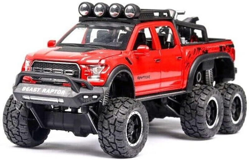 FUNABLO Diecast Pickup Truck Raptor 6x6 Toy Car Scale Model,Pull Back Vehicles(Red)
