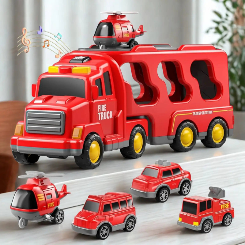 KIDOPOP 5-in-1 Friction-Powered Fire Truck Toy Set with Light & Sound(Red)