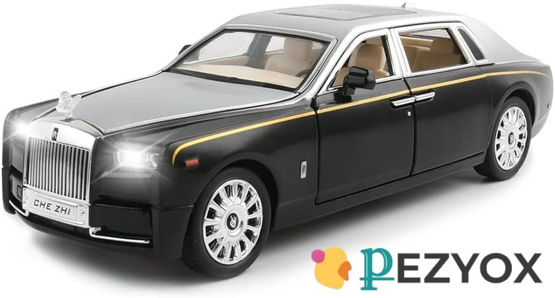 PEZYOX 1:24 scale phantom Pull Back Model Car Vehicles with Sound and Light for Kids(black-silver)