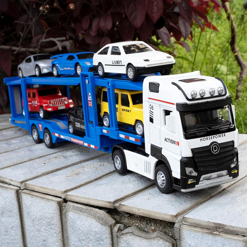DEUSON ECOM Trailer Truck Car Truck Toy Carrier Transporter with Sounds Lights Pull Back(Multicolor, Pack of: 7)