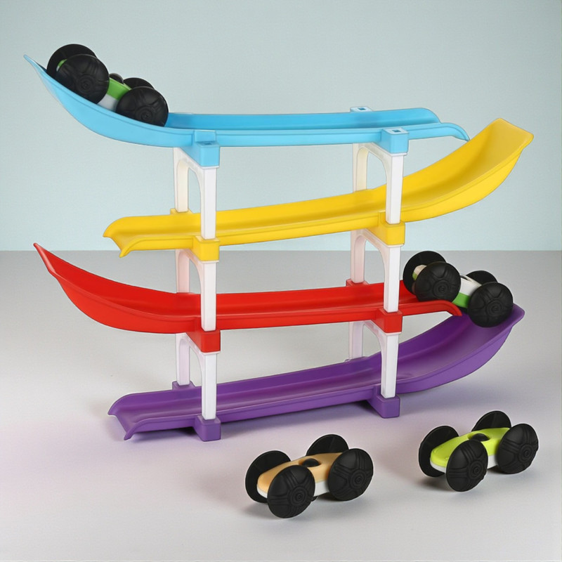 Fizzy Funs Racer Ramp Car for Kids – 4 Level Zig Zag Sliding Glider with 4 Mini Racing Cars(Multicolor, Pack of: 1)