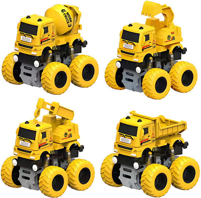 LittlePaws 4 PCS Truck Construction Toys Push and Go Vehicles, Engineering Vehicle for Kids(Yellow, Pack of: 4)