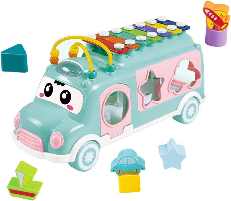 Sotnof Xylophone Toy Musical School Bus 3 in 1 Push Pull & Shape Sorter Educational Toy(9 Pieces)