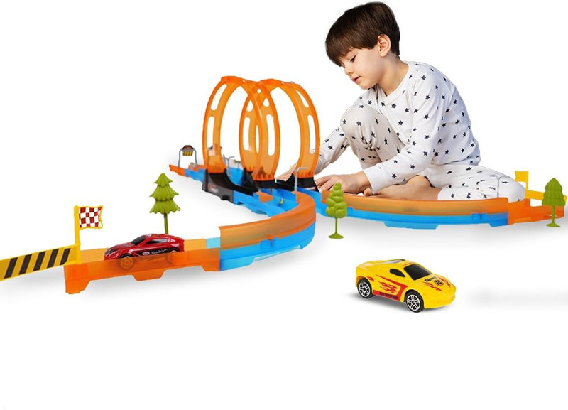 Wembley 29 Pieces Multiplayer Track Set Loop Diecast Car Racing Adventure Pull Back Toy(Multicolor)