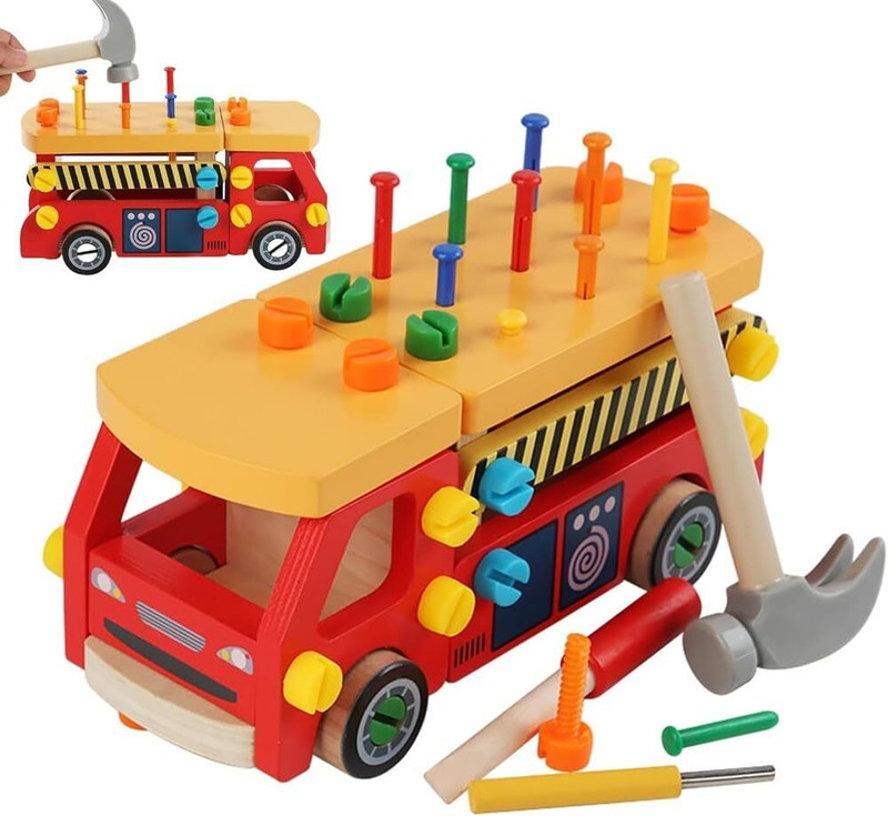 kidzoie Wooden Hammer Tool Truck Toy for Kids Educational Construction Set(Red)