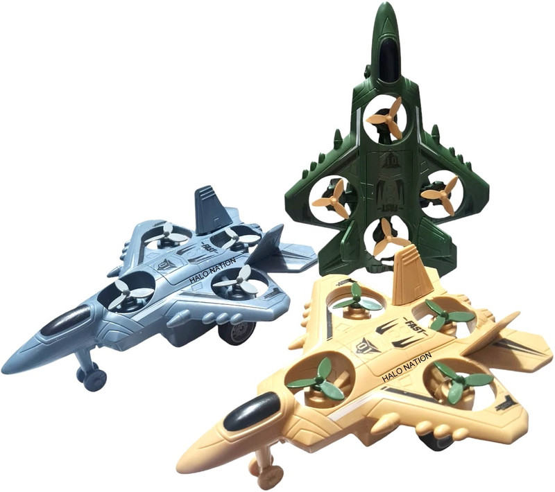 HALO NATION Diecast Military Airplane Aircraft Inertia Powered Fighter Jet With Rotating Fan(Multicolor, Pack of: 2)