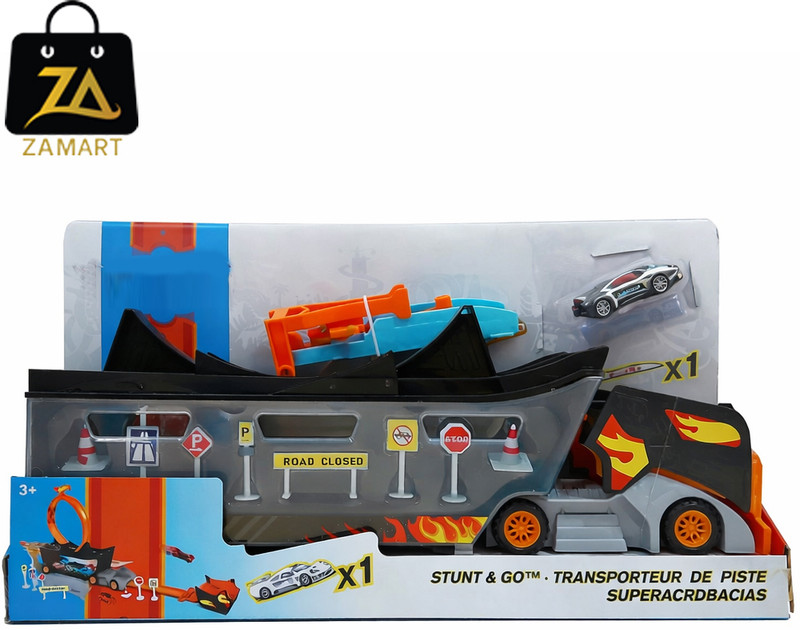 ZAMart HotWheels Kids Stunt Track Transport Truck Toy with Racing Car & Accessories(Multicolor)