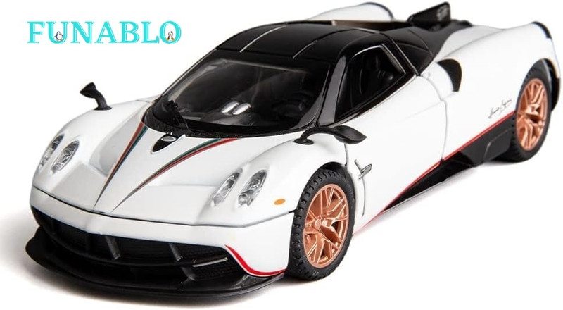 FUNABLO Pagani Diecast Car Scale 1:24 Model Metal Pullback Toy Car with light and sound(White)