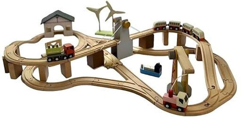 Playbox Wooden Track Bridge Ship & Station Playset Vehicles Trucks Magnetic Bullet Train(Multicolor)