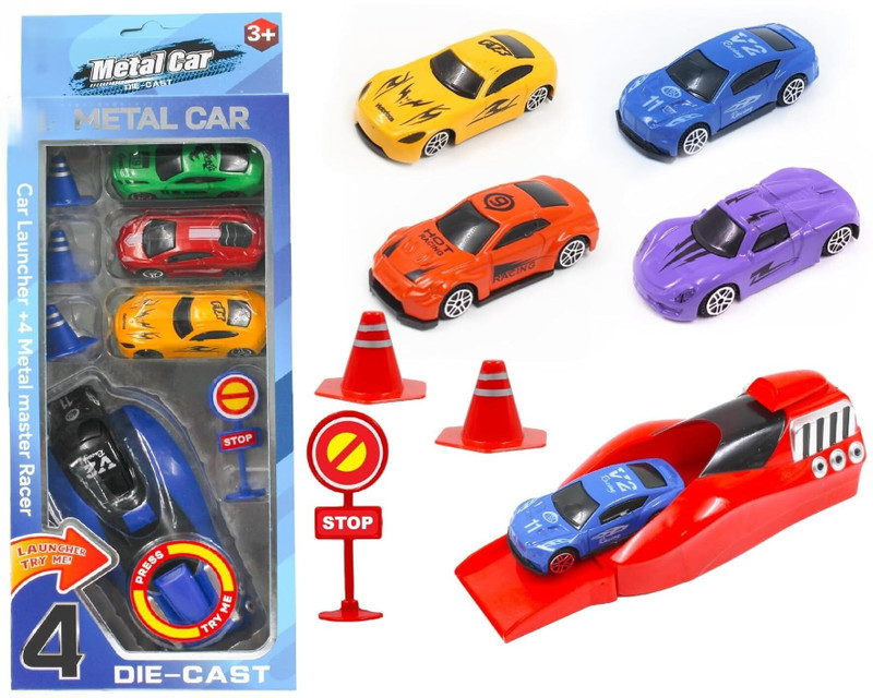 Shivalik Enterprises Die-Cast Racing Car Set - 4 Metal Cars, 1 Turbo Launcher, 4 Road Accessories(Multicolor, Pack of: 9)