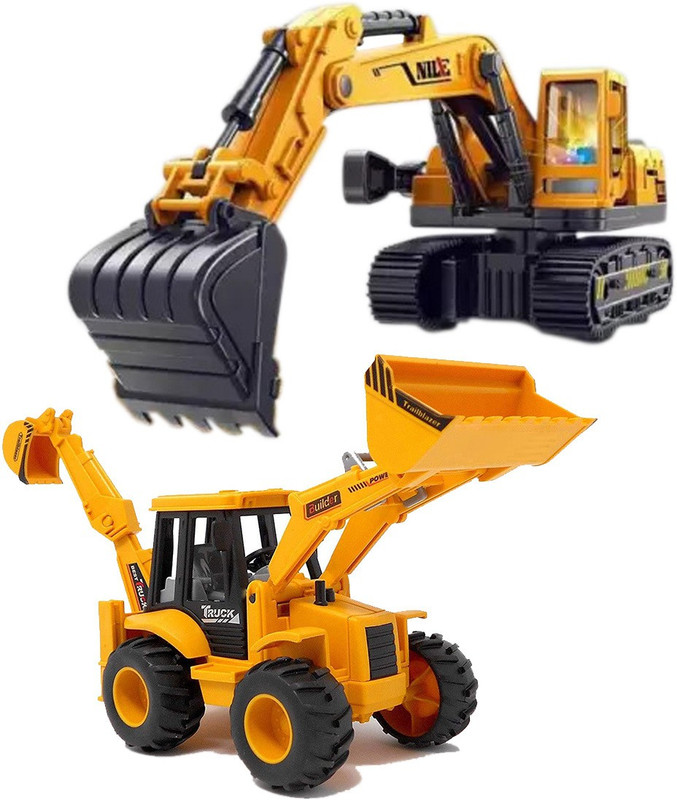 deoxy Plastic 2 in 1 JCB Construction Vehicle, lights Excavator Building Vehicles toys(Yellow, Black, Pack of: 2)