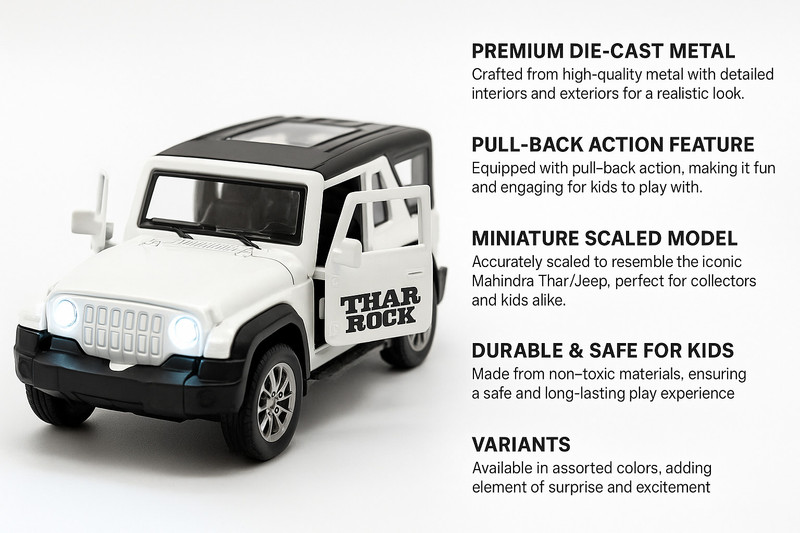Kidzfun 1:32 Scale Pull Back Thar Metal Car Toy Vehicle with Open Door , Pack of: 1(White, Pack of: 1)