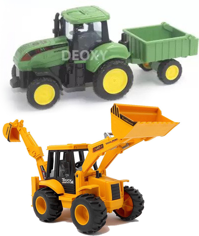 deoxy Plastic 2 in 1 JCB Construction Vehicle & Farm tractor with trolly Kids toy(Yellow, Green, Pack of: 2)