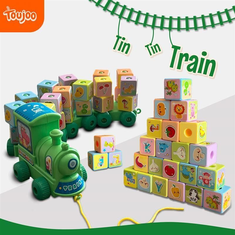 TOUJOO Pull-Along Toy Train for Kids Montessori Spin Blocks with Fruits, Animals & ABC(Green, Pack of: 1)