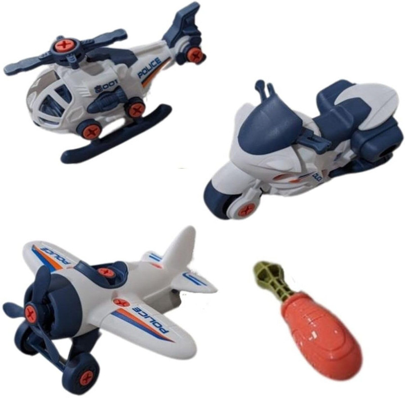 UKAXA DIY Police Vehicle Set Toy Tools Kids Assembling Sport Bike Helicopter Aeroplan(White, Pack of: 3)