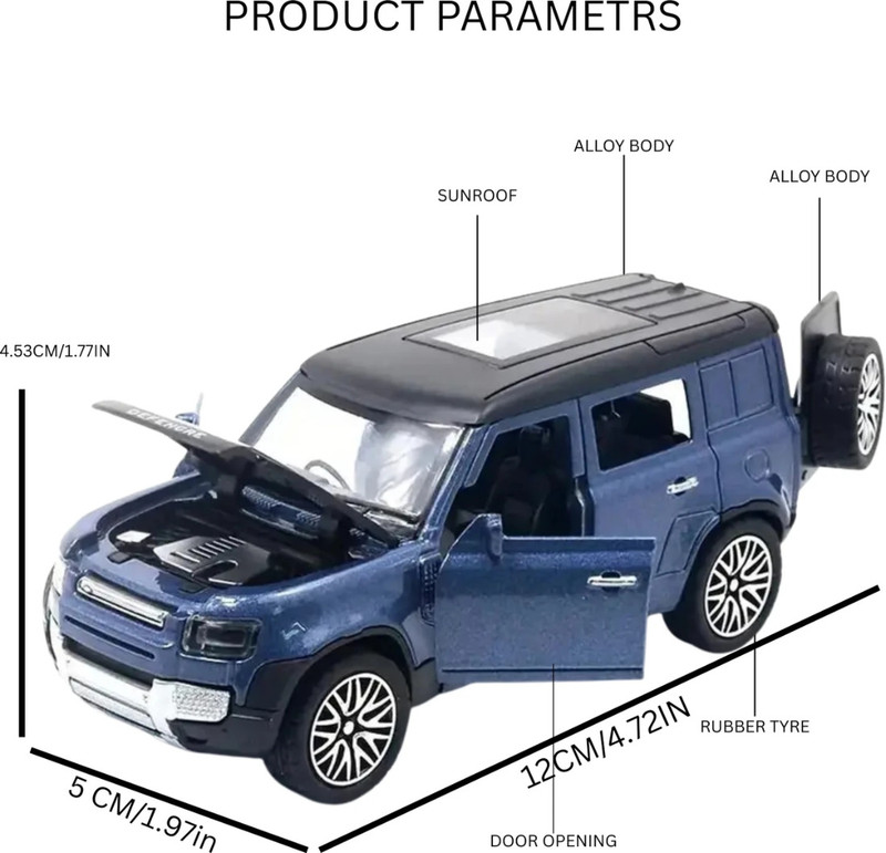 Zenvy Land Rover Defender 1:36 Diecast Toy Car - Pull Back, Openable Doors & Bonnet((Random Color), Blue, Multicolor, Pack of: 1)