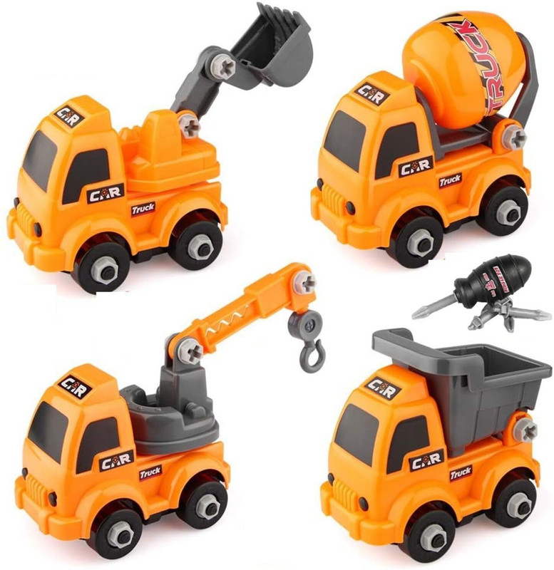 AHBHT Construction Toys Assembly Vehicles 1 Excavator 1 Crane 1 Dumper 1 Tank Truck(Yellow, Pack of: 4)