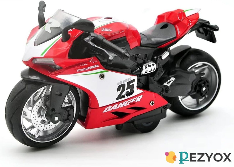 PEZYOX 1:12 Ducati Pull Back Mini Motorcycle Toy with Sound & Light for Kids.(Red)