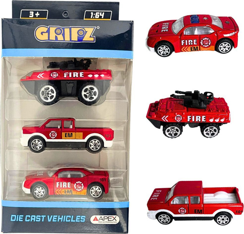 APEX MEDIA AND MARKETING INDIA GRIPZ 1:64 Scale Die-Cast Fire Vehicle Toy Set – Pack of 3 for Kids(Red, Pack of: 3)