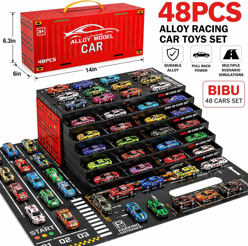 bibu 48 PCS Die-Cast Toy Car Set with Carry Container & Play Mat(Multicolor, Pack of: 1)