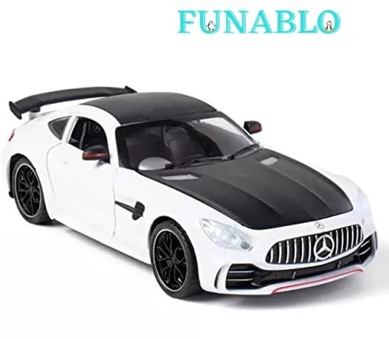 FUNABLO Pull Back Diecast AMG GTR Vehicle Model Car Toy with Openable Doors & Light .(White)