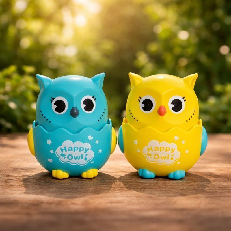 AADVIK SINGH GLOBAL Happy Owl Press & Slide Toy for Kids | Cute Mini Owl Push & Go Toy |(Yellow, Blue, Pack of: 2)
