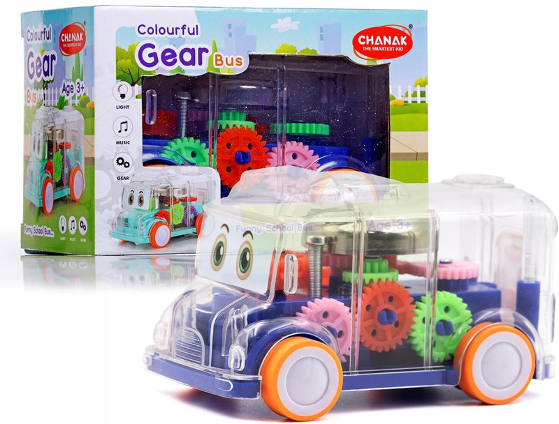 TAN GRAM Transparent Gear Mini School Bus with Tinkling Sound and Light Toy for Kids(Blue)