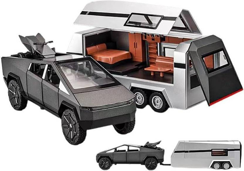 Just craft 1/32 Tesla Cyber truck with Trailer, Sound & Light Pull Back Toys Pick-Up Truck(Multicolor, Pack of: 1)