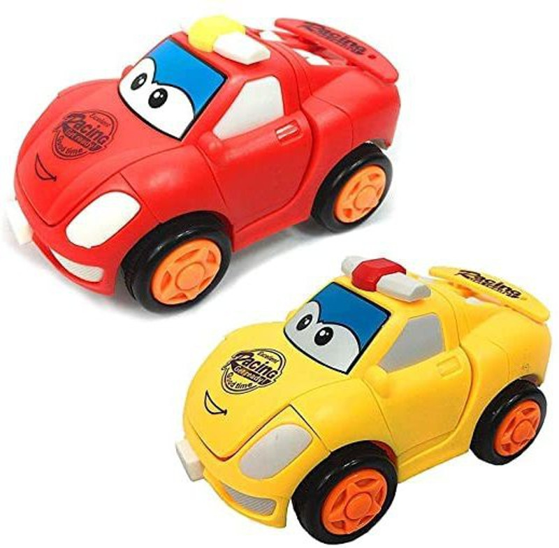 HK Toys 2pcs Bright Colour Mini Racing Friction Family Transformer Toy Racing Car Convert from CAR to Robot / Push n go(Multicolor)