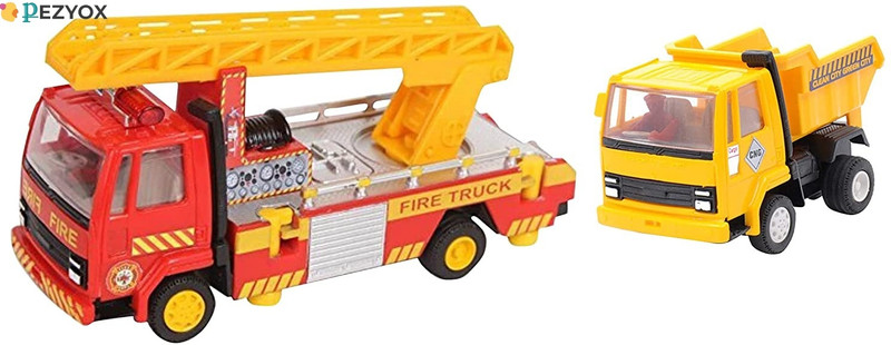 PEZYOX Fire Ladder Truck, Yellow & AmazHub Centy Dumper Truck for kids(Molticolour, Pack of: 2)