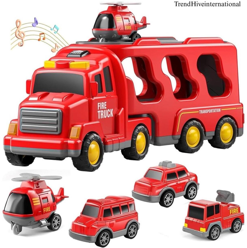 TrendHiveinternational 5-in-1 Friction Powered Fire Vehicle Playset Music & Lights Gift for Age 3+(Rad, Pack of: 5)