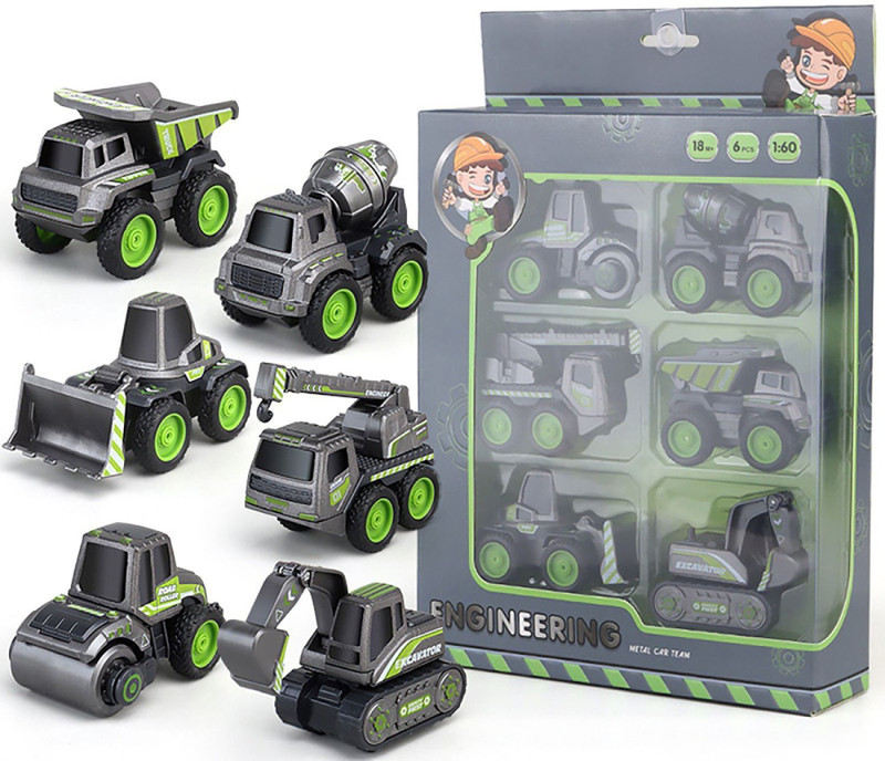 DEUSON ECOM Unbreakable Excavator Toy Set Crane Construction Roller Mixer Truck Transporter(Grey, Pack of: 6)