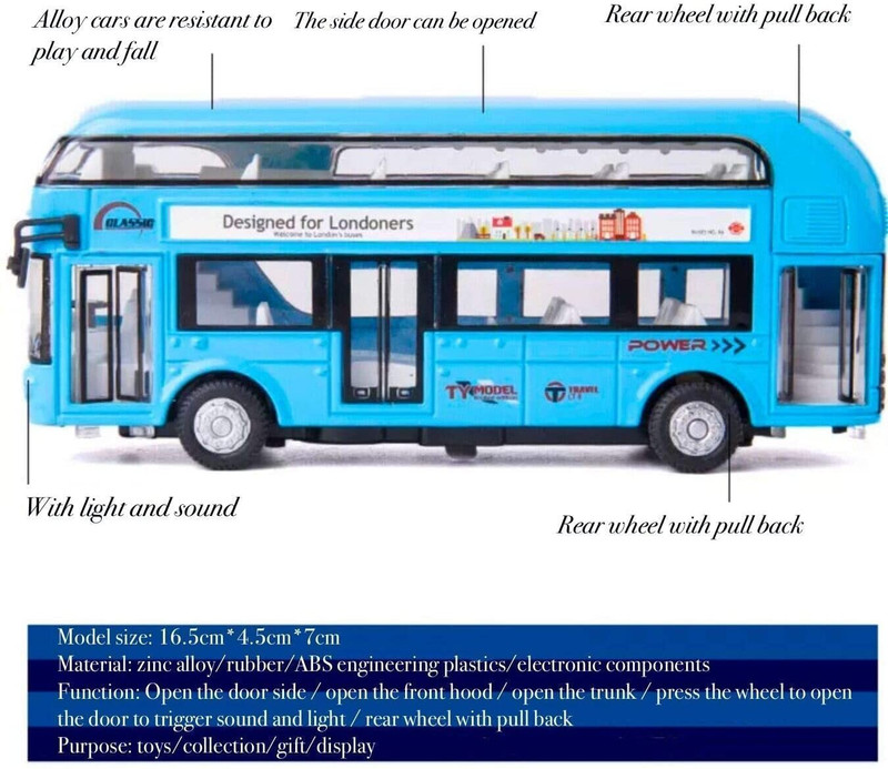 venimall Kids Metal Bus Toy Die-Cast Double Decker Metal Bus 7.5 inch Luxury Bus(Multicolor)