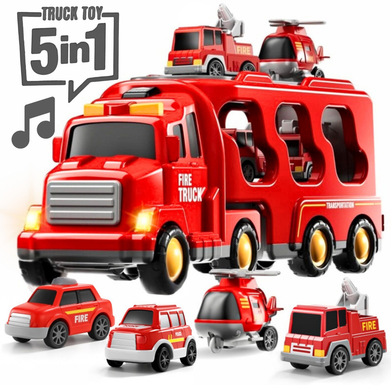 KIDS FIRST STEP 5-in-1 Friction Powered Fire Vehicle Playset | Music & Lights | Gift for Age 3+(Red, Pack of: 5)
