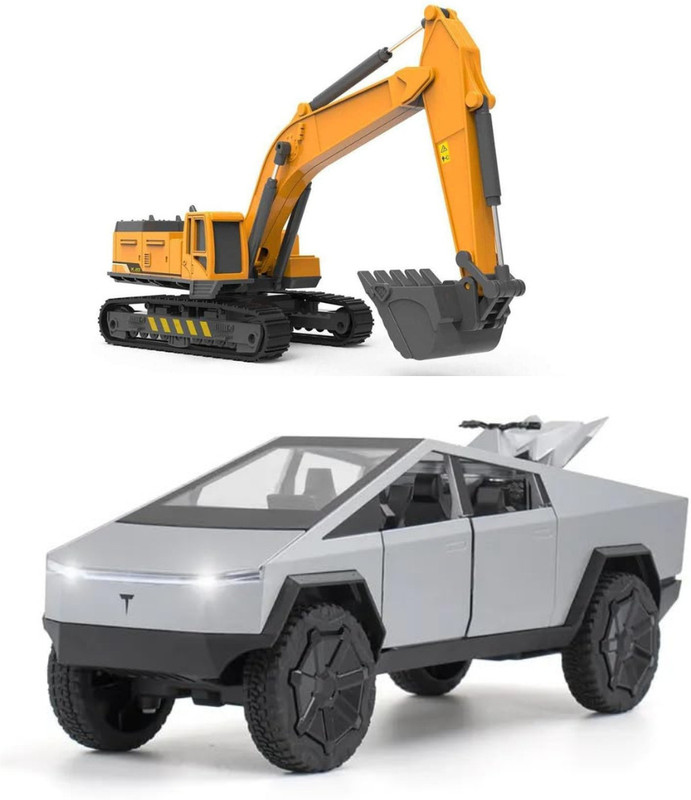 deoxy Tesla Cybertruck with Pickup Trailer Alloy Car & Excavator Construction Vehicle(Multicolor, Pack of: 2)
