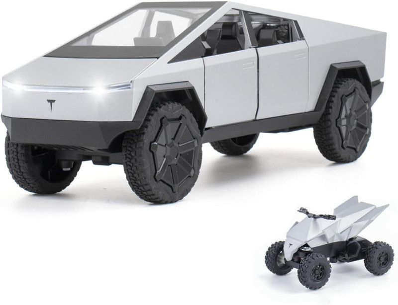 RAD CARTEL 1:32 Tesla cyber truck toy Scale Alloy Car with Light & Sound,Pull-Back Action(Silver, Pack of: 1)