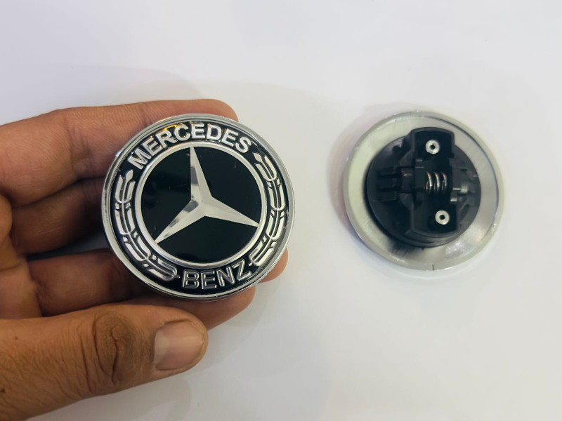 Auto MT Chrome-Black Mercedes Benz Star Emblem Front Hood Ornament Badge 3D Logo. Turbo Charger