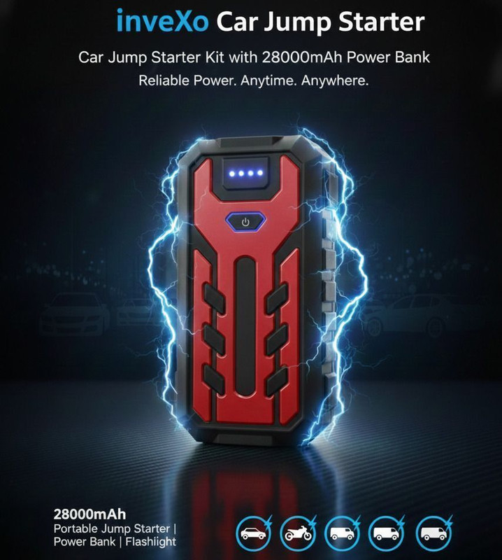 inveXo Car Battery Jump Starter Kit, 12000mAh, Flashlight, Laptop Phone Charger Vehicle Starter Motor
