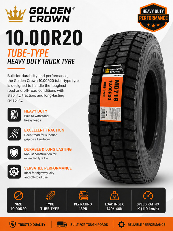 Golden Crown MD719 10.00-R20 (no tube in the package) MD719 4 Wheeler Tyre(10.00R20, Tube Type)