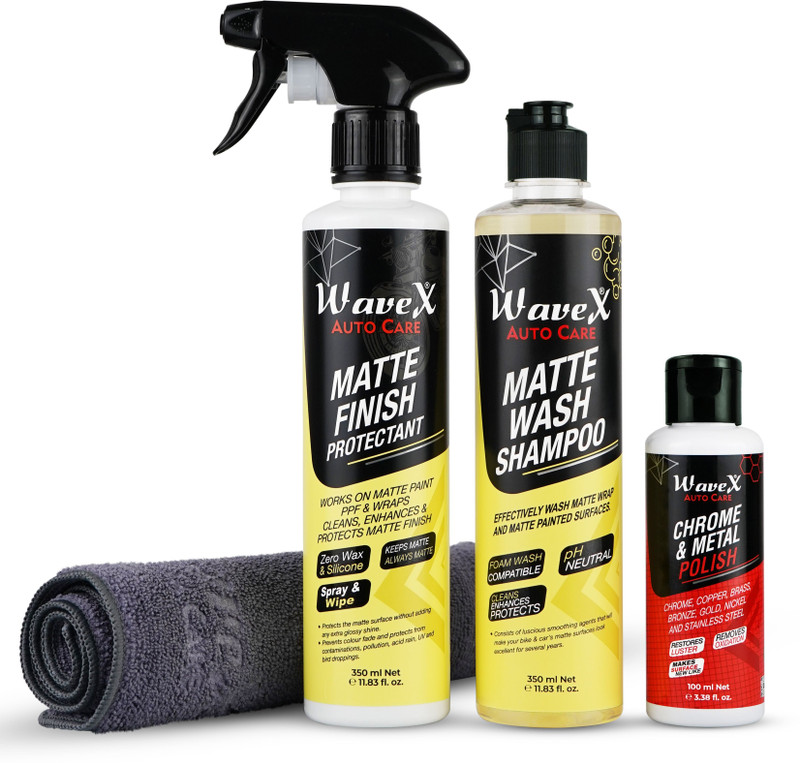 Wavex Matte Finish Maintainer 350 ml Combo | Wash, Clean, Protect and Maintain Matte Bikes and Cars | Consists of Matte Wash Shampoo, Matte Finish Maintainer and Microfiber Cloth Car Washing Liquid(700 ml)