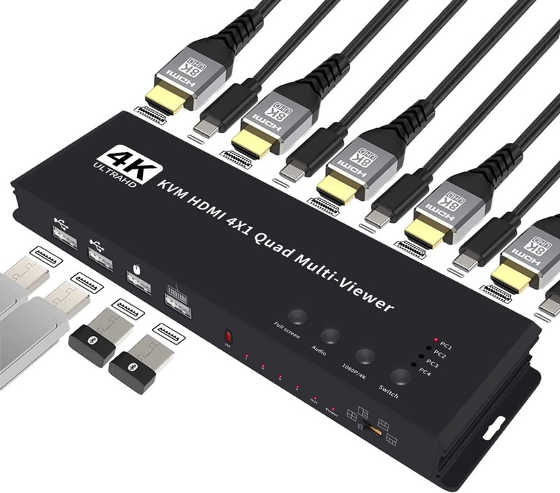 Tobo 4 Ports Quad KVM HDMI-Compatible Multiviewer 4K 4 in 1 Out 1080P QuadTD-990H 1080 inch Blu-ray Player(Black)