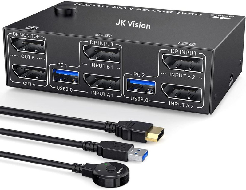 JK Vision KVM Switch 2 Computer 2 Monitors, USB 3.0 Vision Dual Monitors 24 inch Blu-ray Player(Black)