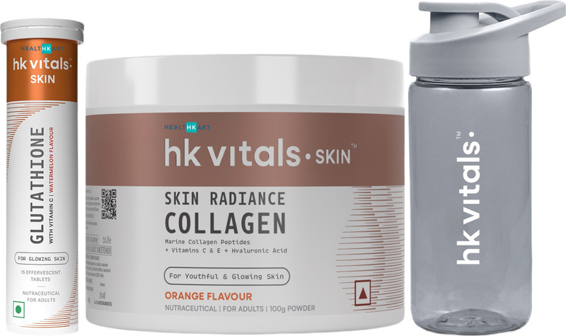 HEALTHKART hk vitals Collagen (Orange, 100g) with Sipper & Gluta Effervescent, Watermelon(15 Tablets)
