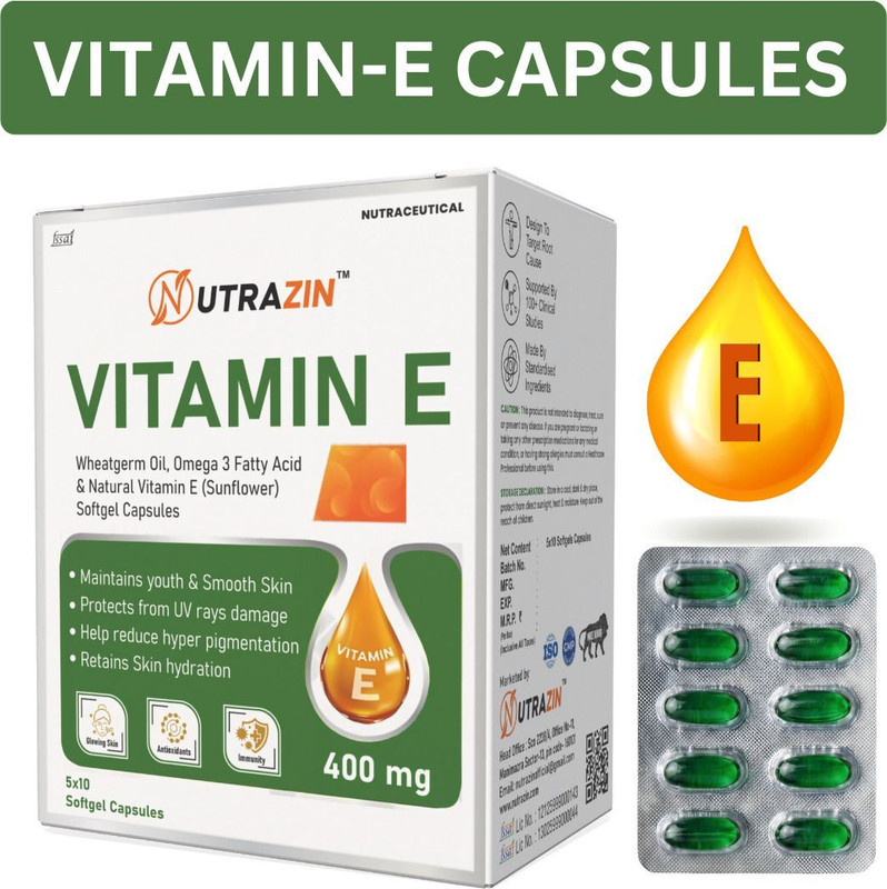 NUTRAZIN Vitamin E Capsules for Face & Skin Glow | 400mg Capsules | 50 Count | Daily Use(50 Capsules)