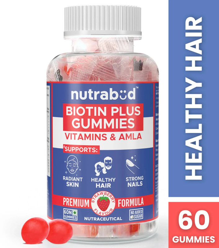 Nutrabud Biotin Hair Gummies for Men & Women - No Added Sugar - Strawberry Flavour(60 No)