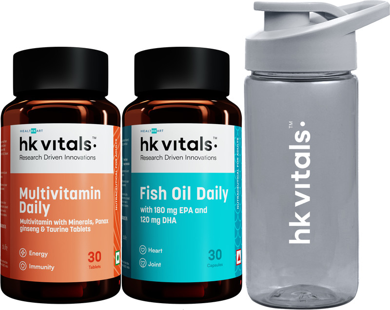 HEALTHKART HK Vitals Multivitamin + Fish Oil with Pocket Sip n Go Bottle Teal(2 x 30 Capsules)